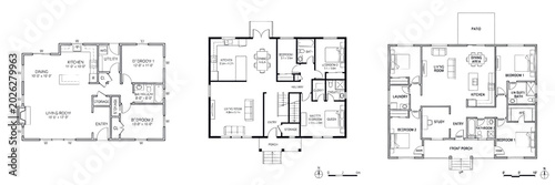 Obraz na plátně Set and collection of black outline sketch of architectural blueprint house floo