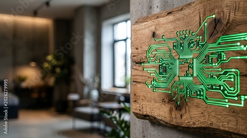 Glowing green circuit board pattern etched on wooden wall in modern office