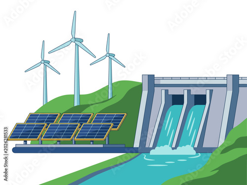 Tablou pe pânză An artful depiction of sustainable energy sources, including solar panels and wind turbines, representing innovation in power generation and commitment to a greener future