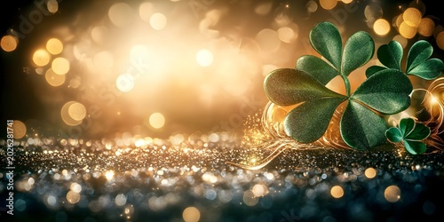 Shining shamrocks, gold bokeh.