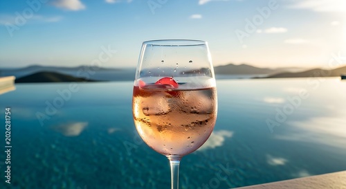 Glass of sparkling red wine splashing outdoors by the sea at sunset for lifestyle hospitality marketing and summer vacation promotions