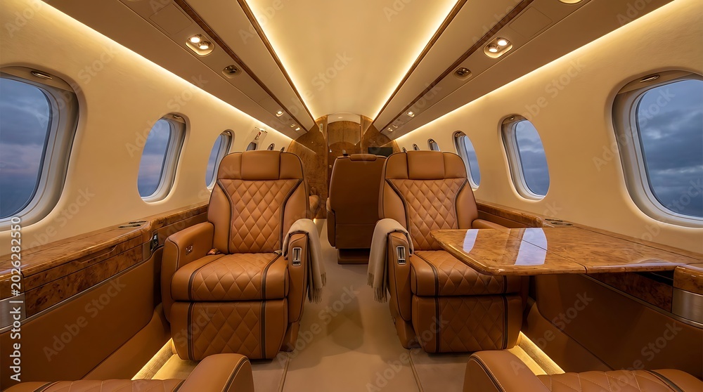 Fototapeta premium Luxurious and sophisticated private jet interior showcasing elegant leather seating, polished wood accents, and mood lighting for an exclusive executive travel experience