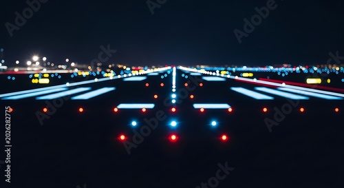Airport runway at night with illuminated lights and bokeh city lights in the distance, abstract perspective view