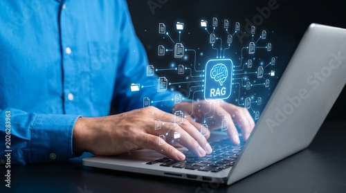 Businessman working on a laptop with a digital overlay of rag retrievalaugmented generation technology, connecting data files to an ai brain