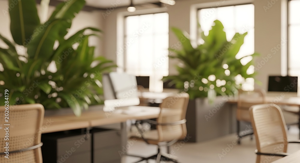 Fototapeta premium Blurred modern office interior with green plants, desks, and chairs, featuring soft focus and warm natural light from windows