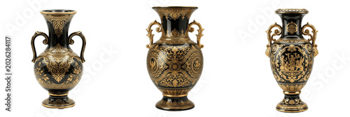Photos Set and collection of antique ornate metallic bronze vase pitcher urn isolated o
