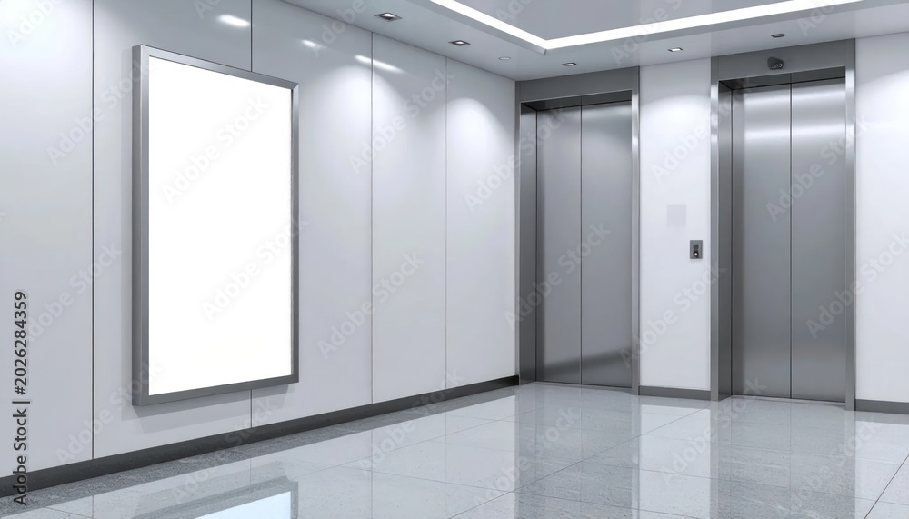 Fototapeta premium Modern Elevator Lobby with Blank Advertising Billboard.