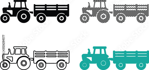 Farm tractor with trailer machinery icon vector illustration set in multiple art styles.