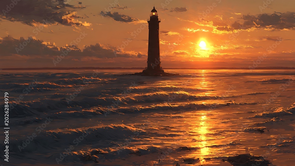 Fototapeta premium Lighthouse standing tall during sunset.