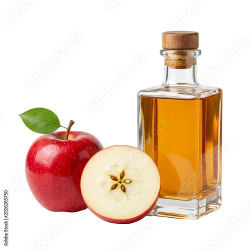 Apple Cider Vinegar in Glass Bottle with Red Apples on a transparent background PNG file