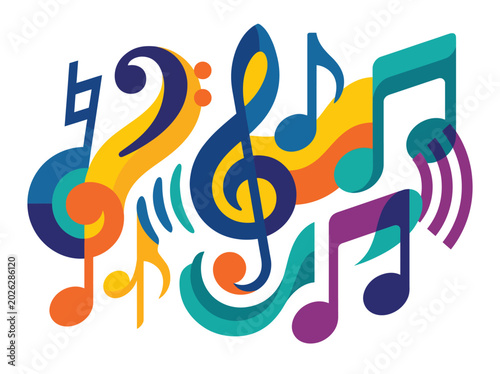 Obraz na plátne This colorful illustration depicts musical notes and symbols, creating a lively, dynamic composition that represents the beauty and rhythm of music in artistic form