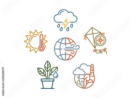 Photos This intriguing design features a variety of weather icons depicting elements like sun, rain, clouds, and wind, symbolizing the diverse phenomena of climate