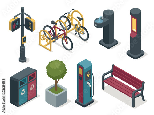 Foto This vivid image depicts various elements of urban transportation infrastructure, including bike racks, pedestrian signals, water fountains, and electric vehicle charging stations