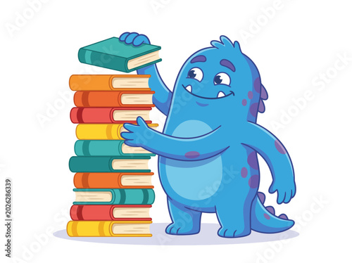 Tableau sur toile A cheerful blue monster stacking colorful books, representing the joys of learning, literacy, and creativity, pivotal elements in fostering imagination and education