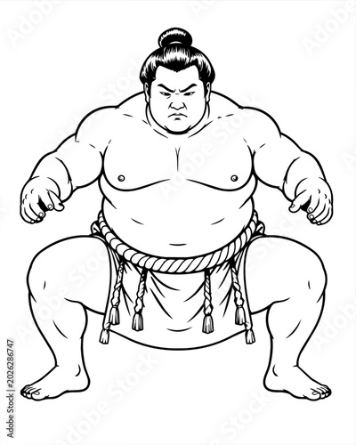 Schilderij op canvas Sumo Wrestler Kamaete Squat Stance Vector Illustration, Traditional Japanese Com
