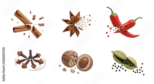 spices assortment mid air studio white background culinary concept various spices in dynamic poses for cooking