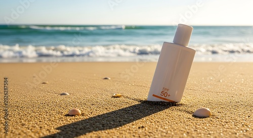 Sunscreen bottle SPF 50+ stands upright on a sunny sandy beach with ocean waves in the background, promoting sun protection and summer skincare