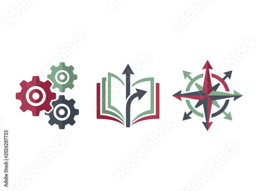 Photography This image features gears, an open book, and a compass representing themes of strategy, knowledge, and navigation towards success in various endeavors and growth