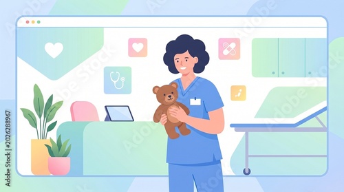 Pediatric Nurse with Teddy Bear in Child Friendly Healthcare Illustration