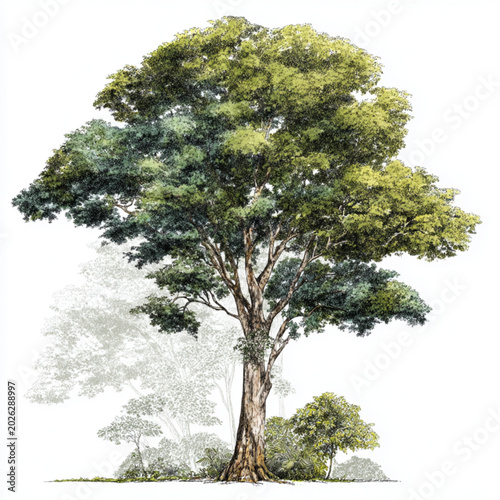 Mature Oak Tree Illustration Standing Tall With Lush Green Foliage For Nature Concepts