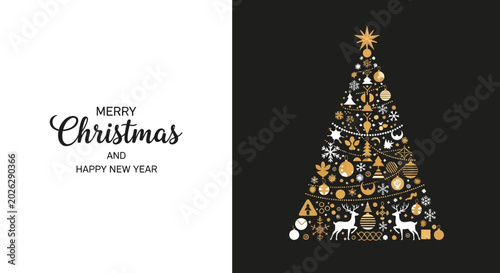 Elegant Merry Christmas and Happy New Year greeting card featuring a stylized golden and white tree on a black and white split background