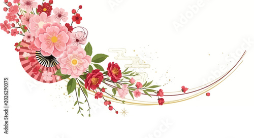 Elegant Japanese New Year background with pink cherry blossoms, red camellias, and a traditional folding fan on a white background