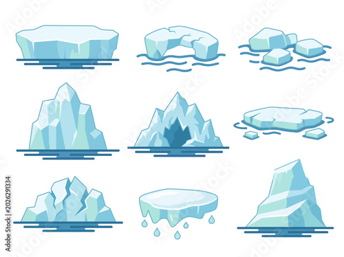 Canvastavla A series of beautifully illustrated icebergs and glacial shapes floating in the ocean, depicting the majesty and beauty of these natural phenomena in varying forms