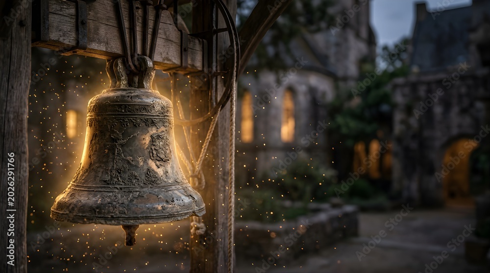 Obraz premium Antique bronze church bell glowing with magical sparks at twilight