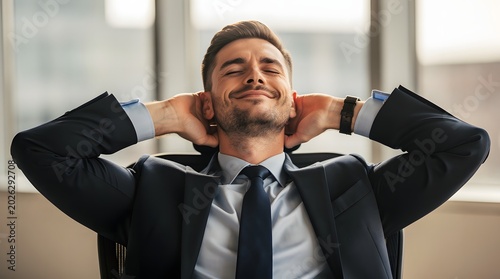 Businessman relaxes in his office chair with hands behind his head while feeling satisfied and proud of his recent career achievements.