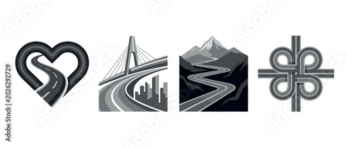 Tableau sur toile A visually striking set of road designs and symbols, representing various concepts of journeys, love, and connections, illustrating the metaphorical paths encountered in life