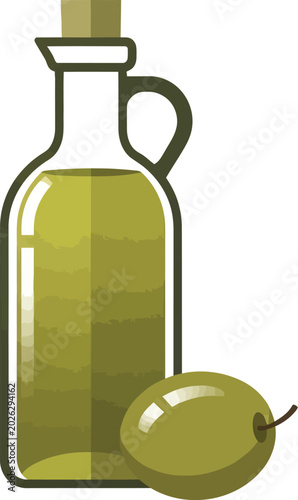 Olive Oil bottle and a Single Green Olive with Minimal Vector Style