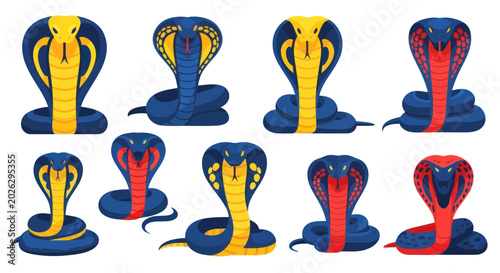 Obraz na płótnie Collection of Cobra Snakes, Yellow and Red Hooded Reptiles, Vector Illustration
