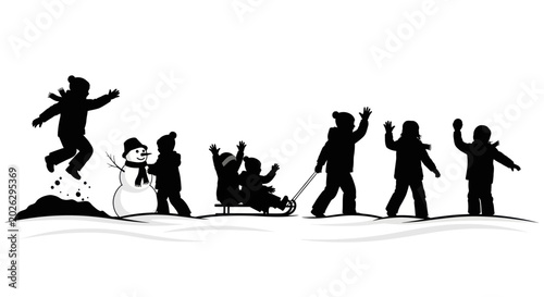 Cuadro en lienzo Children's winter fun silhouette: sledding, playing, snowman, jumping in snow