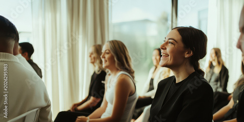 Professional networking and business conference happiness featuring a smiling woman and diverse colleagues enjoying a positive workshop in a bright seminar space