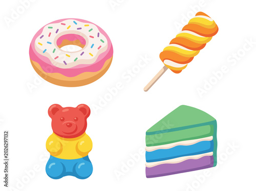 A delightful assortment of various colorful sweet treats including donuts, lollipops, gummy bears, and cake showcasing the joy of confectionery and dessert creativity.