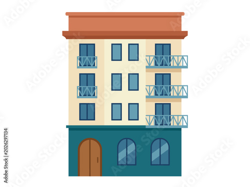 A modern architecture representation of an apartment building featuring multiple floors and blue-balconied windows, highlighting contemporary design preferences.
