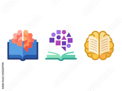 The illustration features creatively designed books symbolizing knowledge while showing the interconnectedness of information, learning, and imagination through colors and shapes.