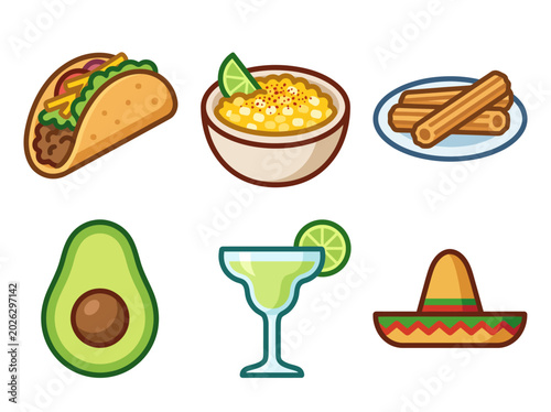 This image features an array of vibrant Mexican food icons, including a taco, guacamole, margarita, and more, celebrating the flavors of Mexican cuisine.