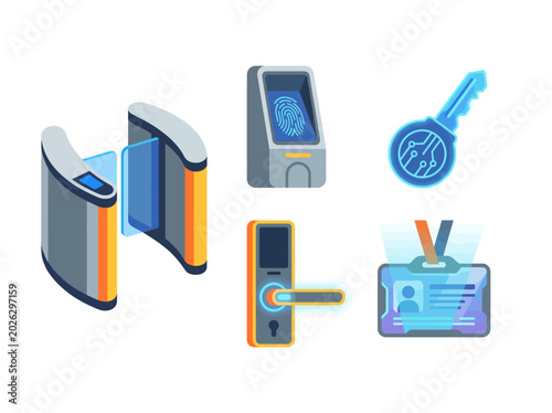 This image illustrates advanced security technology icons such as fingerprint scanners and ID cards, highlighting the themes of safety, identification and modern technology.