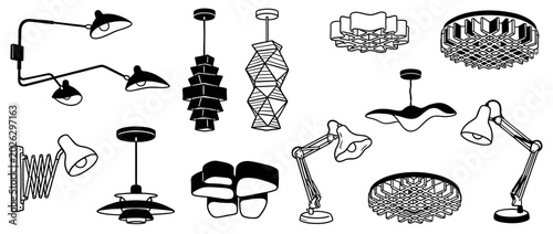 This image showcases a trendy collection of various modern lighting fixtures, showcasing unique styles and designs that enhance interior decor and ambiance in any space.