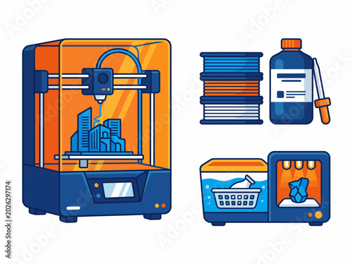 An inviting depiction of 3D printing elements, showcasing a printer in a transparent casing, alongside filament spools and detailed models, highlighting modern technology and creativity.