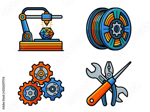 A collection of graphic icons representing cutting-edge technology tools including a 3D printer, spools of filament, gears, and a wrench illustrating modern mechanics.