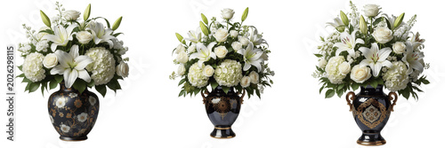 Bild auf Leinwand Set and collection of beautiful bouquet of white roses and hydrangeas in a vase