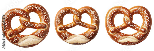Set and collection of single baked traditional soft pretzel isolated on white transparent png background