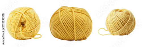 Set and collection of single yellow wool yarn ball isolated on white transparent png background