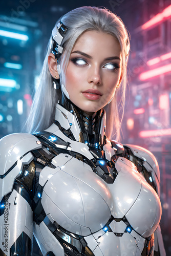 Beautiful futuristic AI woman with glowing silver eyes, white cybernetic suit, neon background, ultra detailed, realistic skin texture, sci-fi art