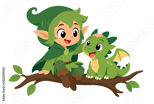 Foto Elf and little green dragon.