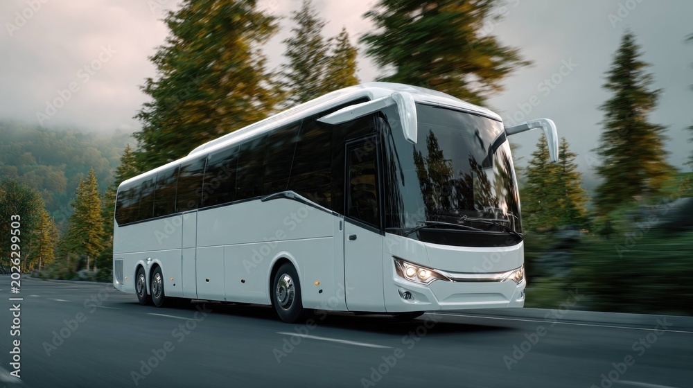 Obraz premium Modern white coach bus driving on highway through forested mountain road with fog and autumn trees in background, transportation and travel concept with motion blur.