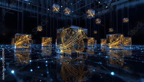 Cryptocurrency blockchain nodes interconnected with golden energy circuits in dark digital environment for fintech enterprise advertising