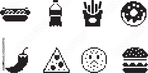 Assortment of pixel art fast food icons in black for menus or game elements.